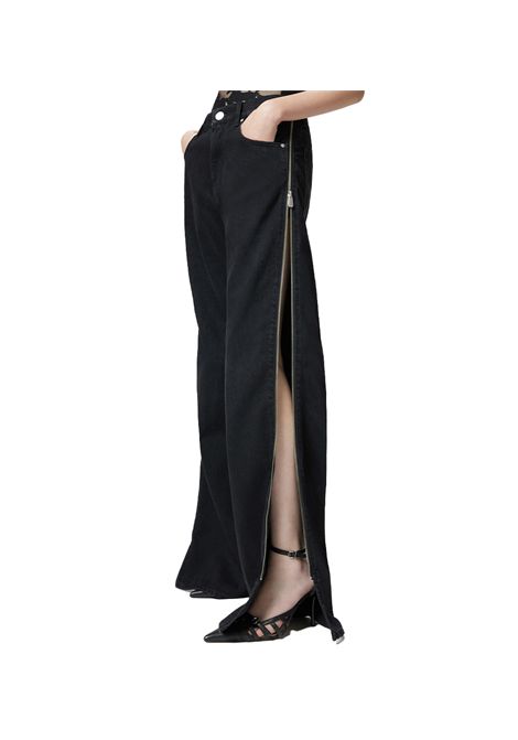 Jeans Pinko donna Wanda Wide Leg Zip 104928 A2HF Nero cotone viscosa denim black gamba dritta e ampia vita leggermente bassa inserto satin pizzo  PINKO | Jeans | 104928 A2HFZ99